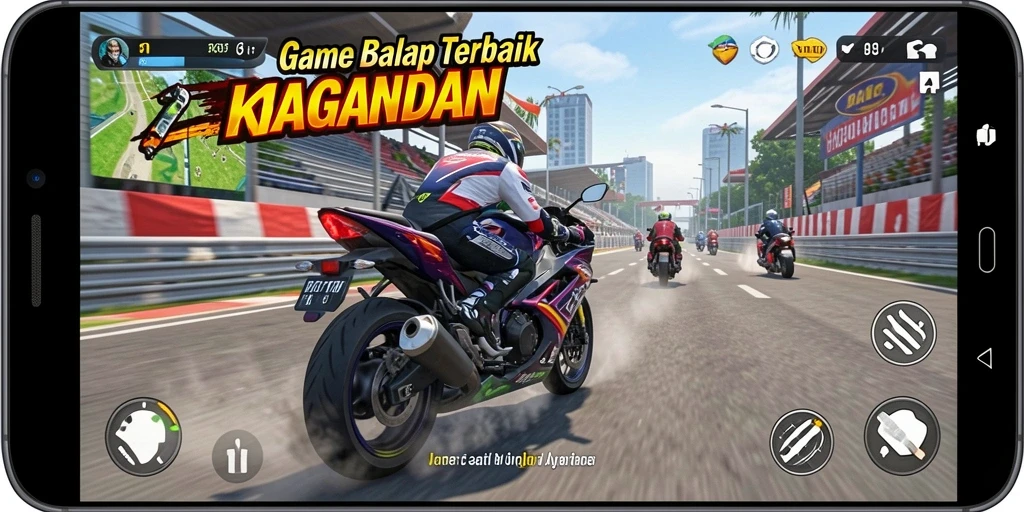 Screenshot gameplay <strong>KAGANDAN</strong> memperlihatkan aksi balap motor yang mendebarkan.